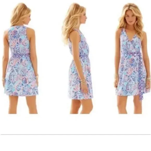 EUC Lilly Pulitzer BELLINA WRAP DRESS Shell Me About It Blue Pink  Women's Large - Picture 4 of 12